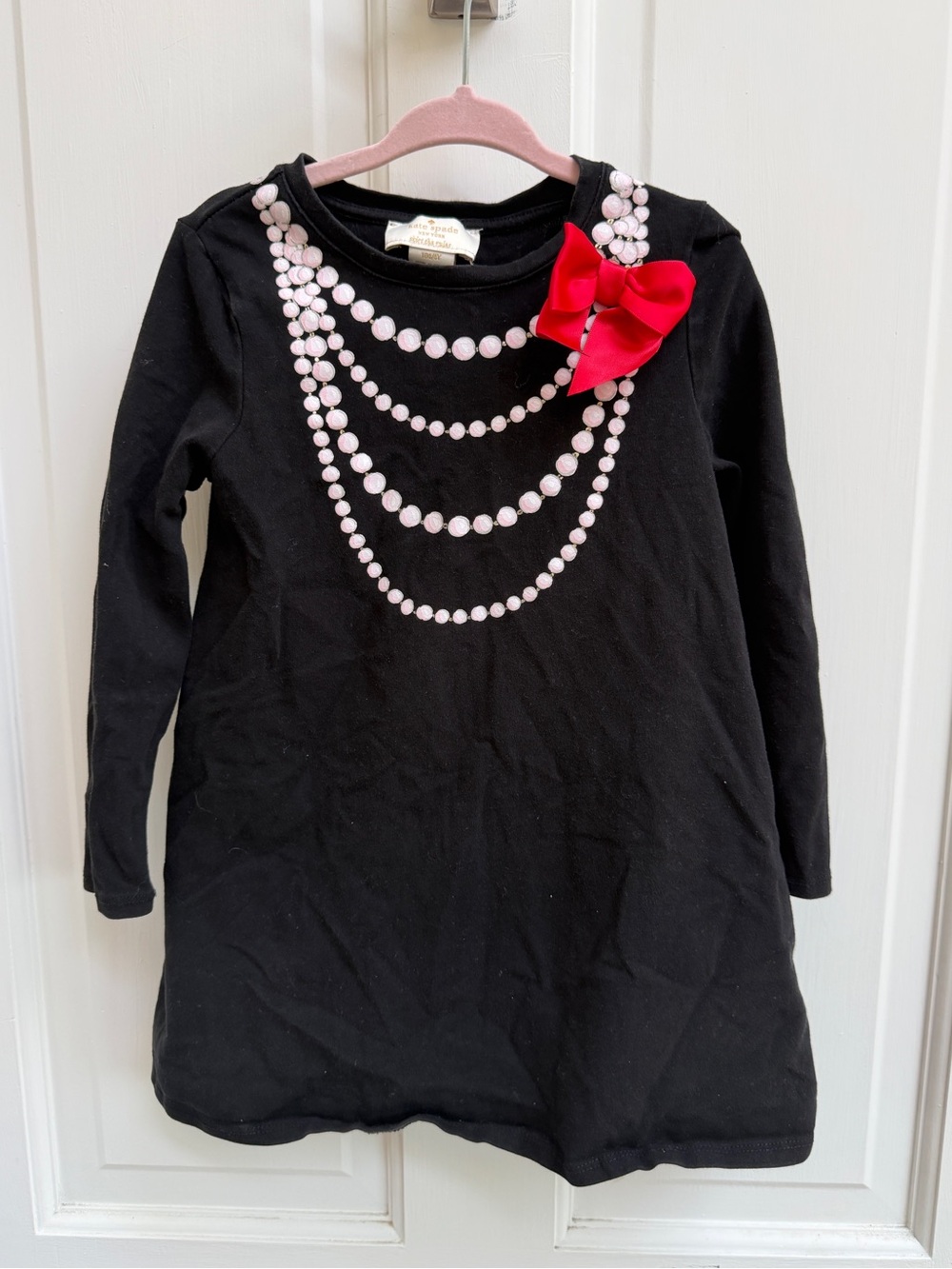 kate spade Girls 4 Y Black Long-Sleeve Dress Pink Bead Print & Red Bow Accent